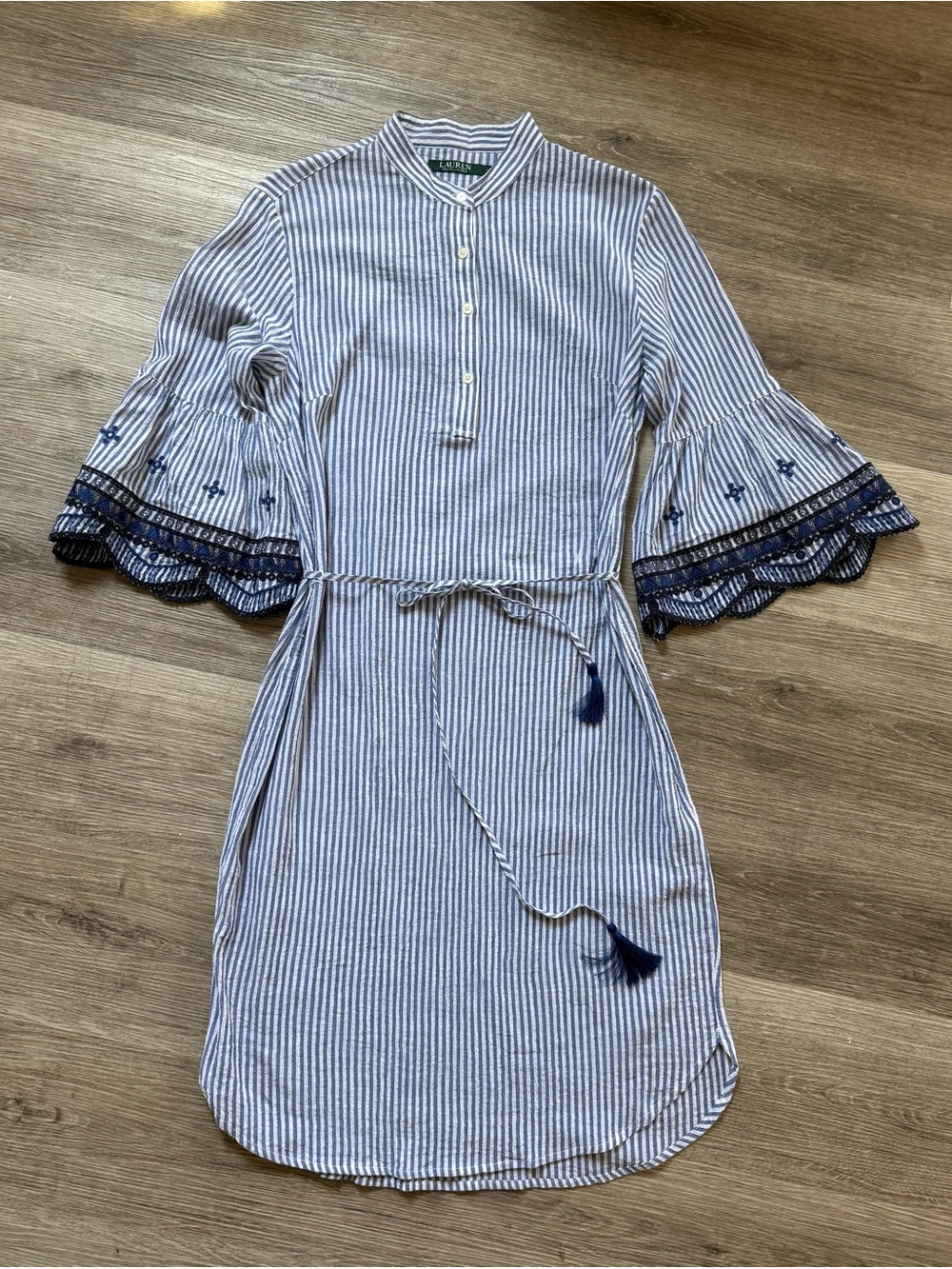 Lauren Ralph Lauren Striped Embroidered Sleeve Cotton Tunic Dress Size 10